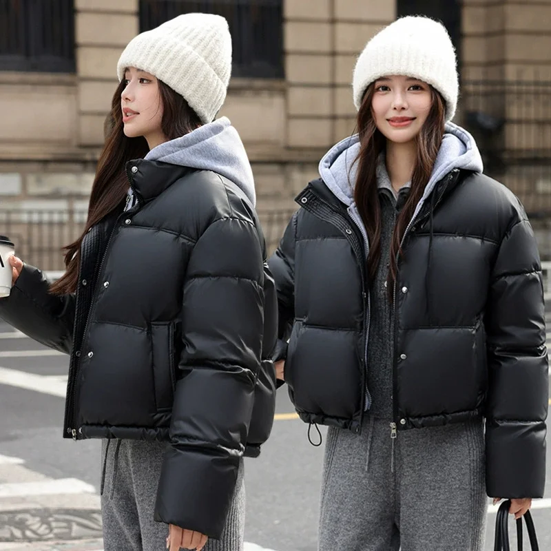Women Parkas Fake Two Cotton Coats No Wash Winter Jacket New PU Short Thick Hooded Bread Cotton Padded Jacket Female Outerwear