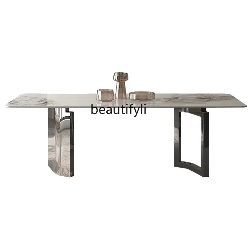 

Stainless Steel Light Luxury Stone Plate Dining Table Modern Simple High-End Restaurant Villa Dining Table Personalized Design