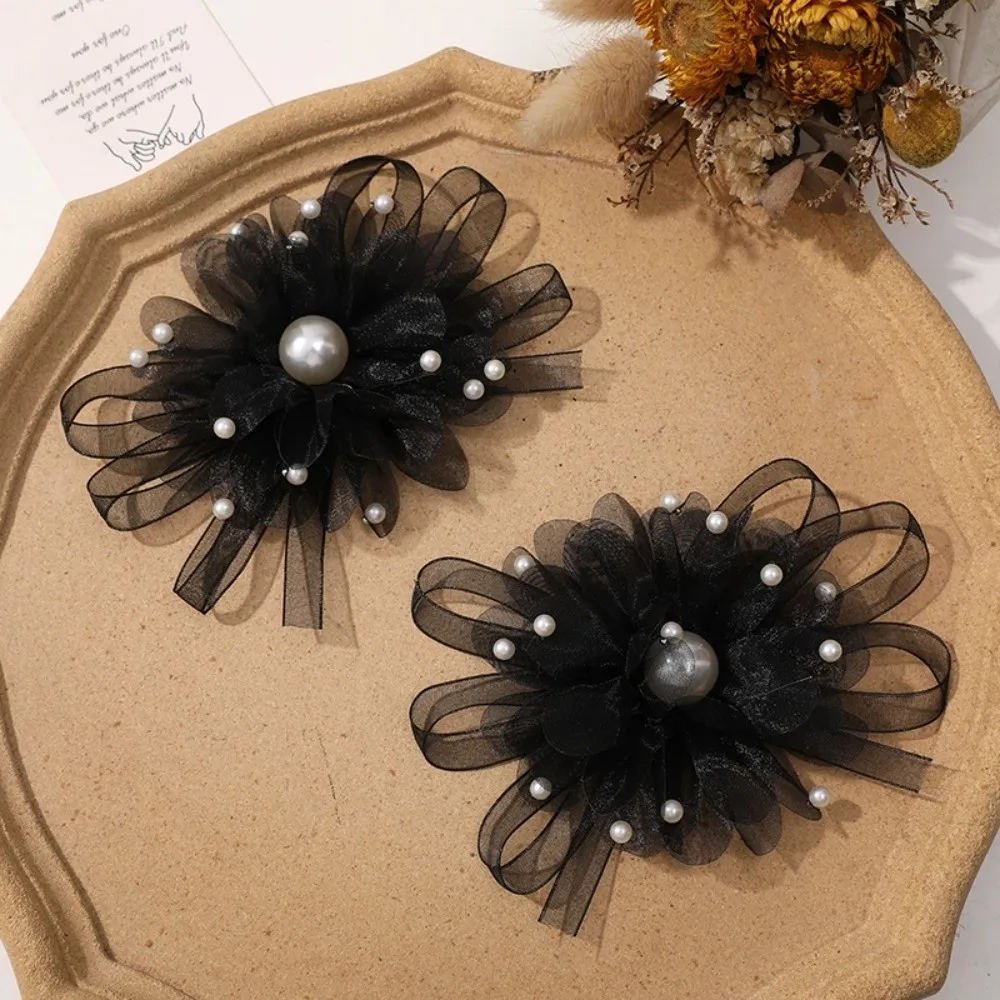 Pearl Embellishment Organza Flower Hair Clip Multi Use Design Feather Decor Pearl Feather Hair Accessory Romantic Style