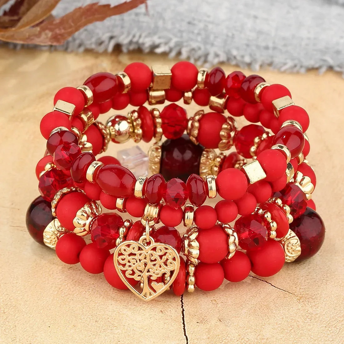 4Pcs Acrylic Beads Chain Bracelet Set For Women Tree Of Life Charm Elastic Bangle Female Bohemian Jewelry Accessories