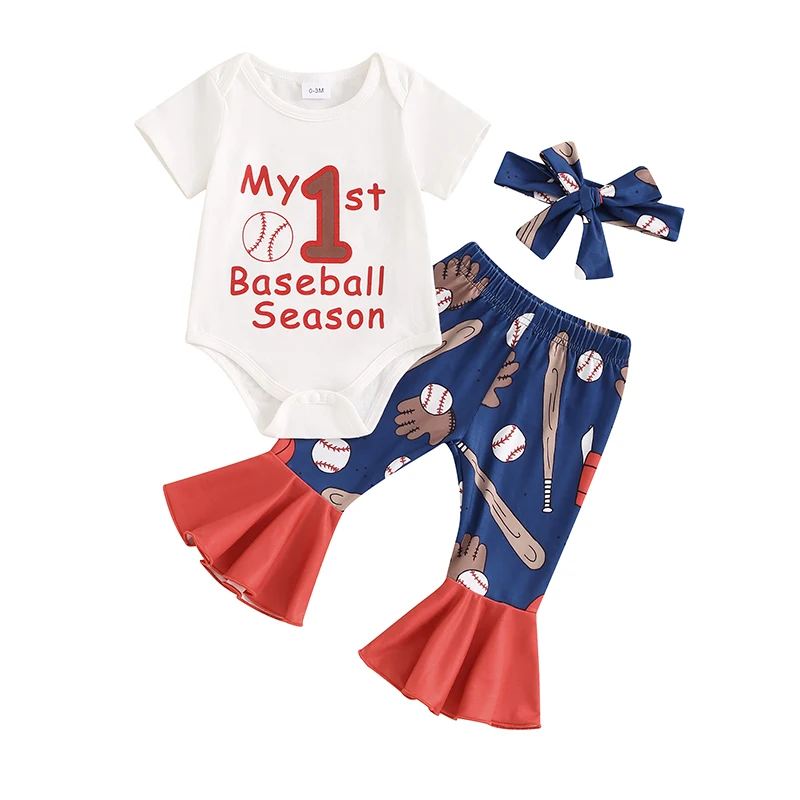 

My First Baseball Season Baby Girl Outfit Short Sleeve Romper Bodysuit Flare Pants Headband 3Pcs Bell Bottoms Set