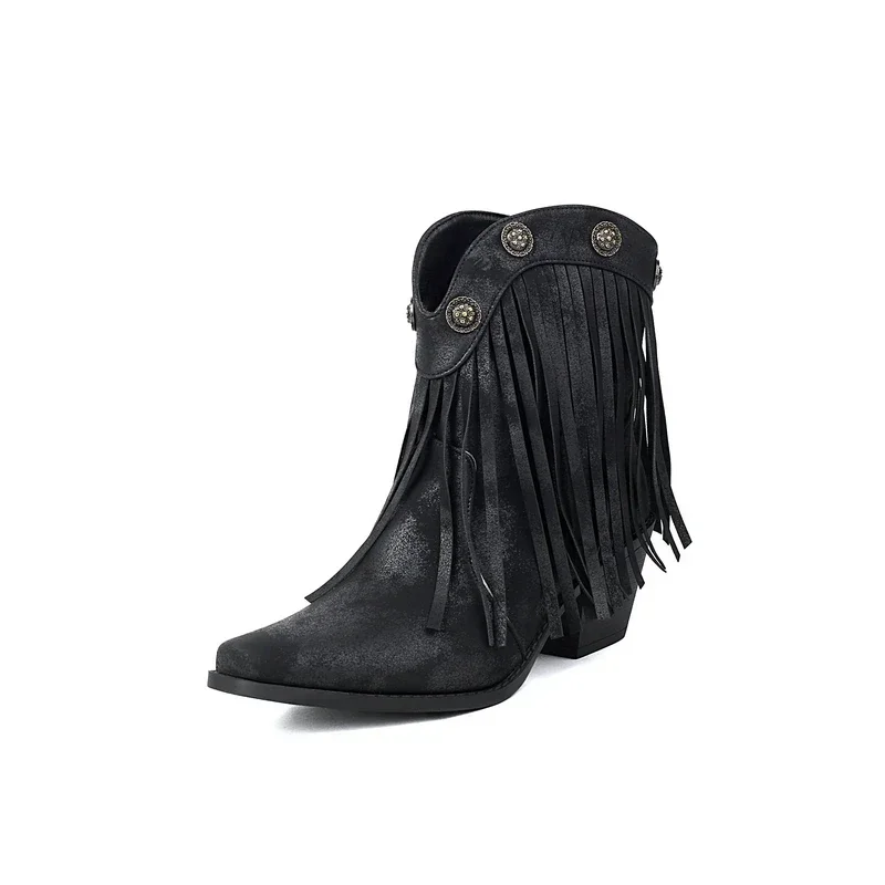 Pointed Toe Cowboy Boots for Women Chunky High Heels Western Ladies Winter Shoes With Tassels Fringes Motorcycle Botines Size 47