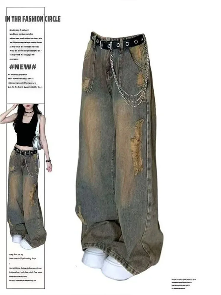 American Retro Hole Wide Leg Jeans Summer High Waist Loose Slim Straight Floor-Length Pants Casual Sle Faded Cotton Blend