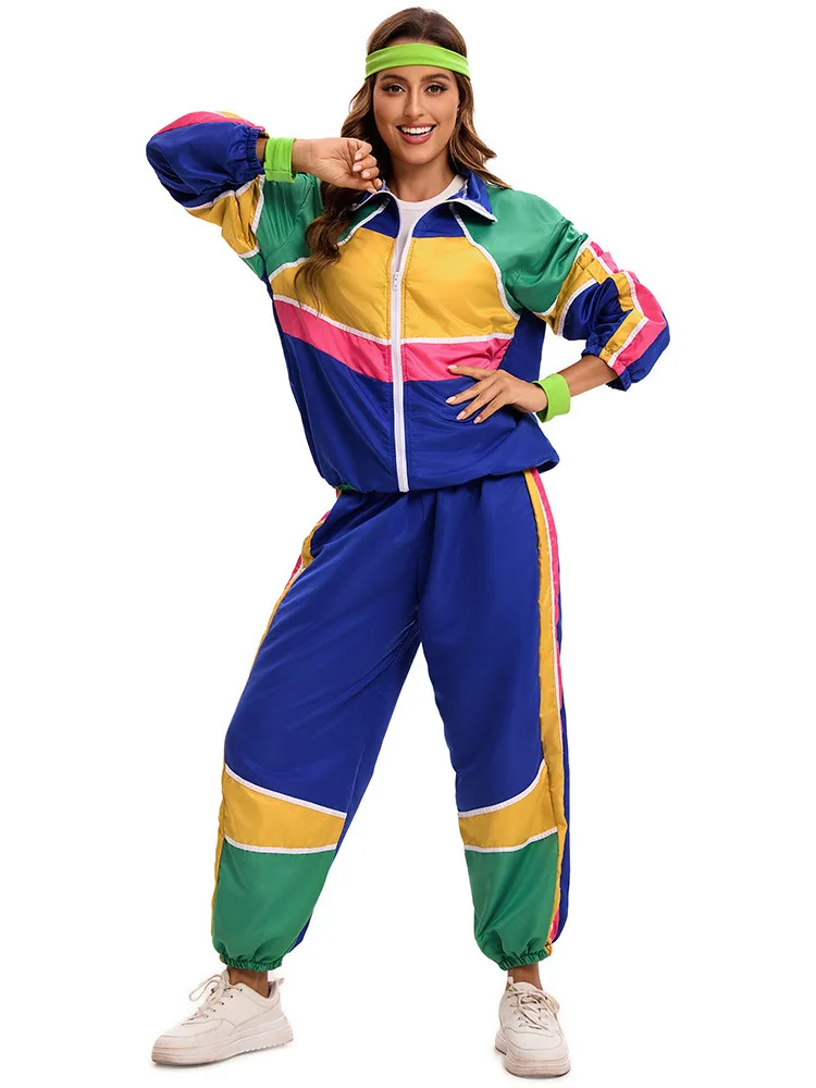 Retro Disco Sle Color Blo Jaet Spor Casual Women's Set 80s 90s Nostaic Leisure Disco Outfit Two-Piece Suit