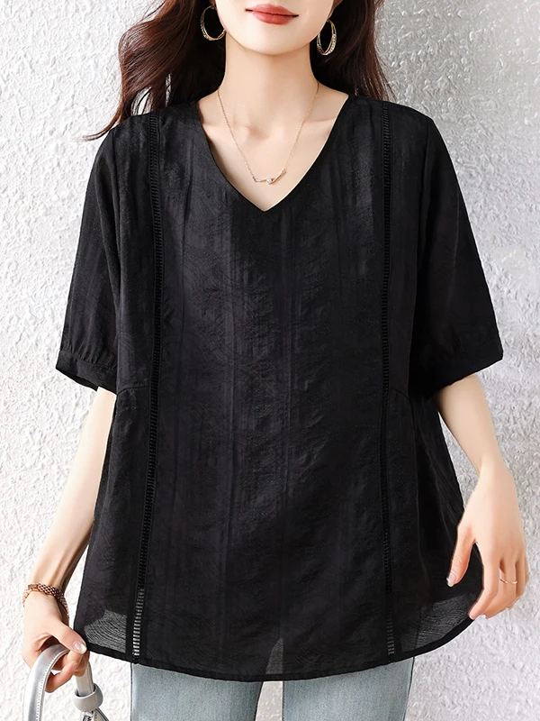 

Textured k Pattern Embroidery V-ne Pleated Women's ort Sve irt Summer Slimming Top Casual Sle Thin Fabric