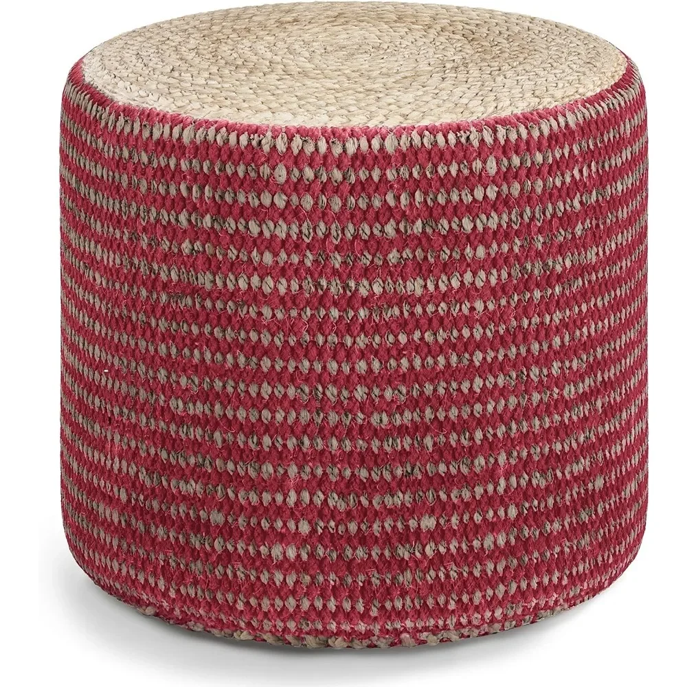 

Hand Braided Jute Foot Stool, Round Pouf, Upholstered in Natural and Maroon, Living Room Furniture, Free Shipping