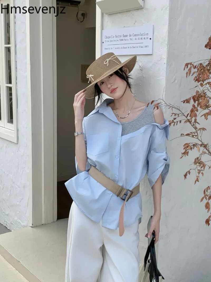 

Hmsevenjz Sexy Off Shoulder Patchwork Shirt for Women's Summer Loose Long-sleeved Irregular Shirt Fashion Female Clothes