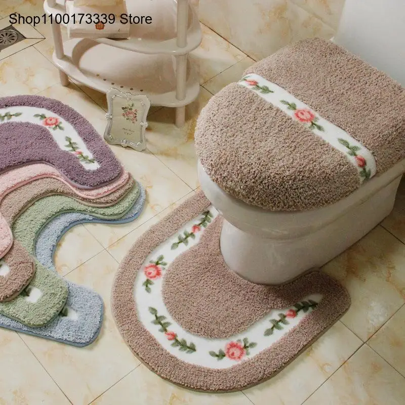 Toilet Carpet Floral Pattern Rustic Bathroom Mat Set U-Shaped Toilet Carpet Floor Decor Bathroom Mat Toilet Cover