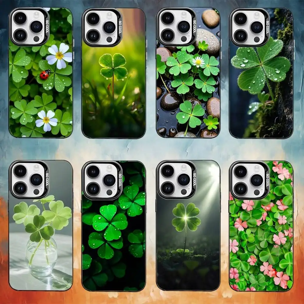 

Clover Plant Four Leaf Phone Case For iPhone17,16,15,14,13,12,11 Plus,Pro Max Black Candy Matte Shockproof Cover