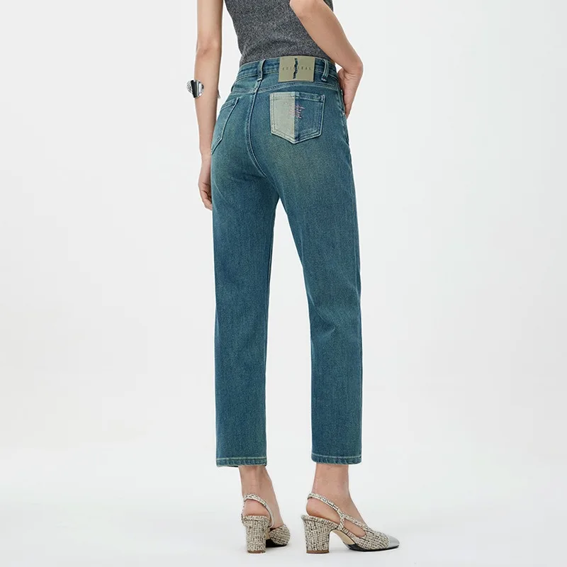 Jeans de perna reta de cintura alta feminino, slim fit, calça jeans elástica, azul escuro, alta qualidade