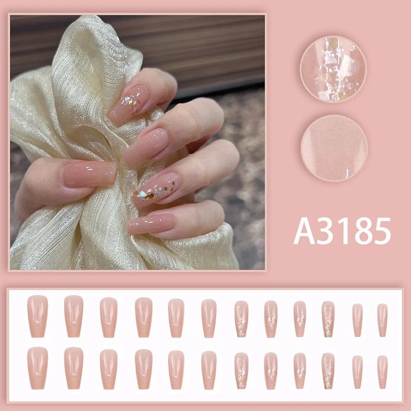 24 pçs moda nude rosa glitter longo quadrado unhas falsas com adesivo de geléia destacável capa completa imprensa em unhas artificiais