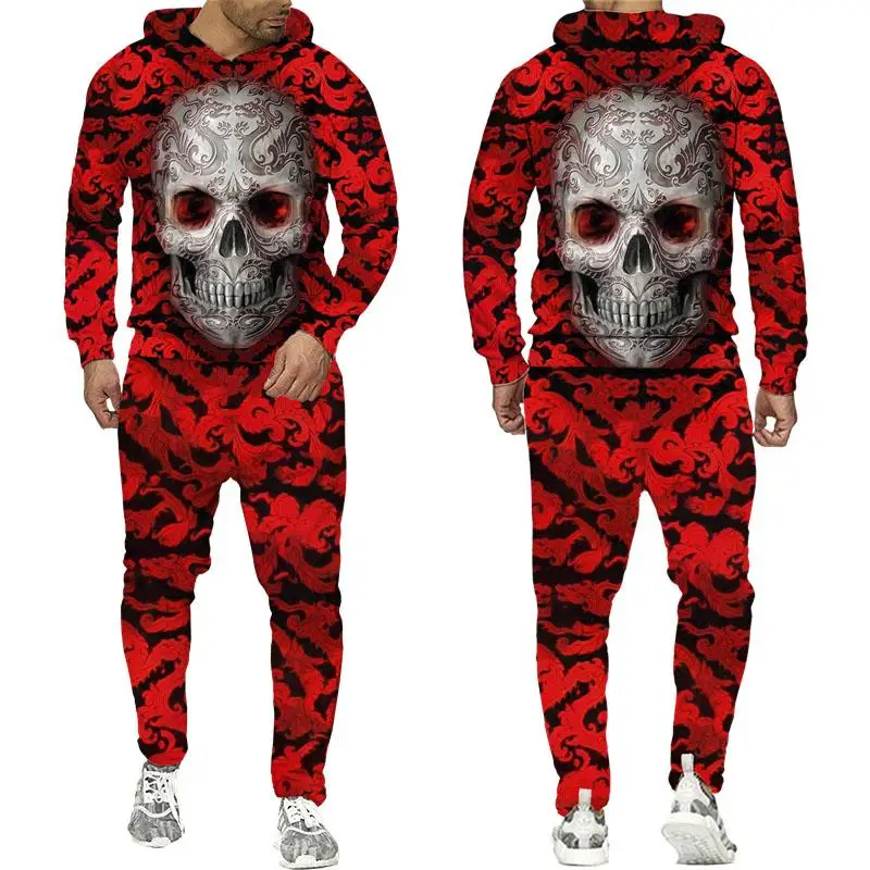 Sweat à capuche Skull Horror pour hommes, pull surdimensionné, impression 3D, ensemble sportif, olympiques décontractés vintage pour enfants, nouveau, automne, 2 pièces