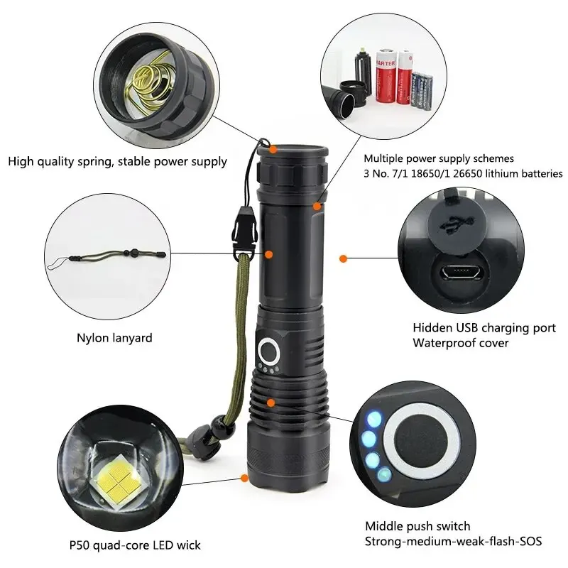 Telescopic Zoom Torch Powerful P50 Lamp Bead LED Flashlight Lantern 5 Lighting Mode USB Rechargeable Camping Emergency Light