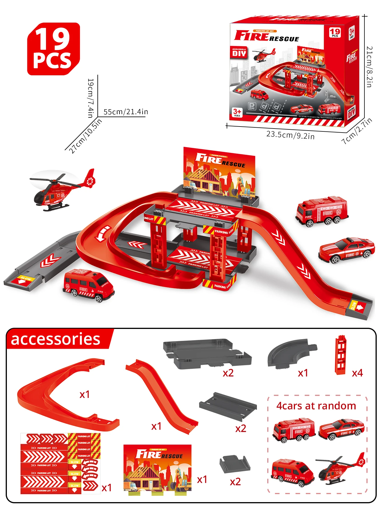 Cena temática do estacionamento do fogo, 19 peças, brinquedos montados, apropriados para o presente de aniversário do menino