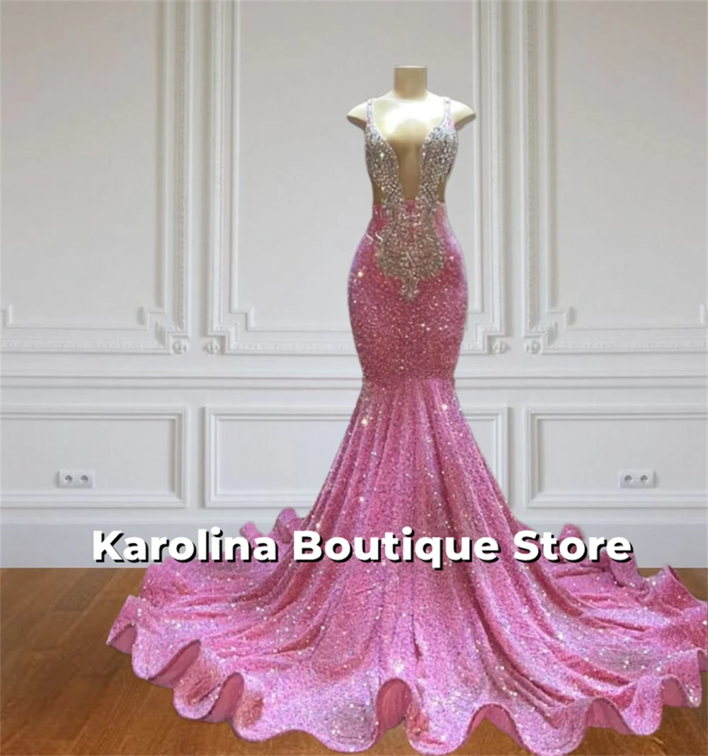 Engaging Pink Cocktail Prom Dresses Sequin Beaded Rhinestones Graduation Gown For Black Girls Birthday Dress Luxury 2024 Mermaid