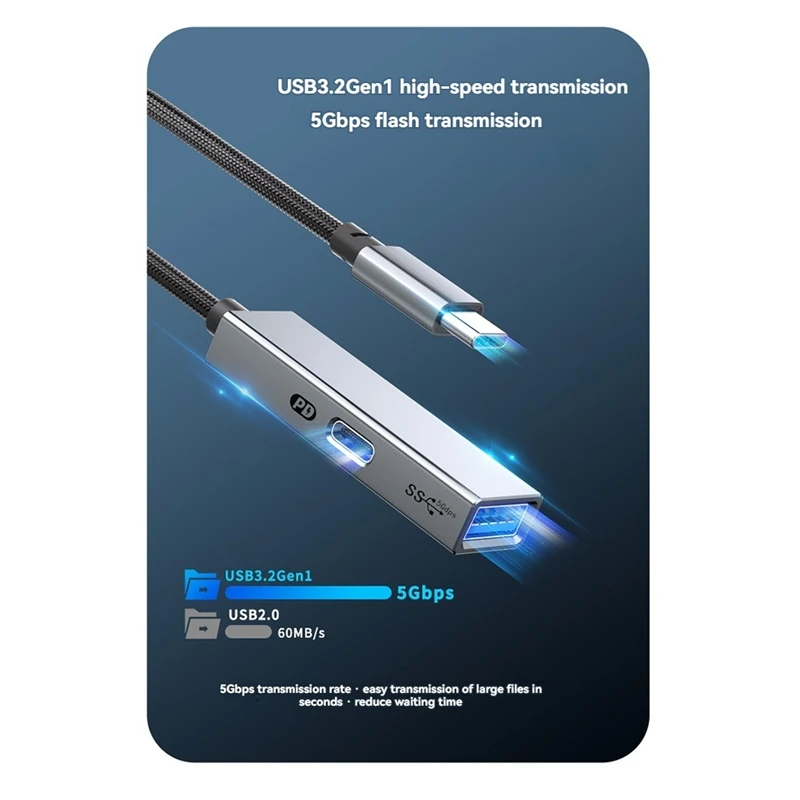 USB 3.2 Type-C HUB 5Gbps 60W PD Charging, OTG Adapter, - High-Speed USB To Type-C Converter
