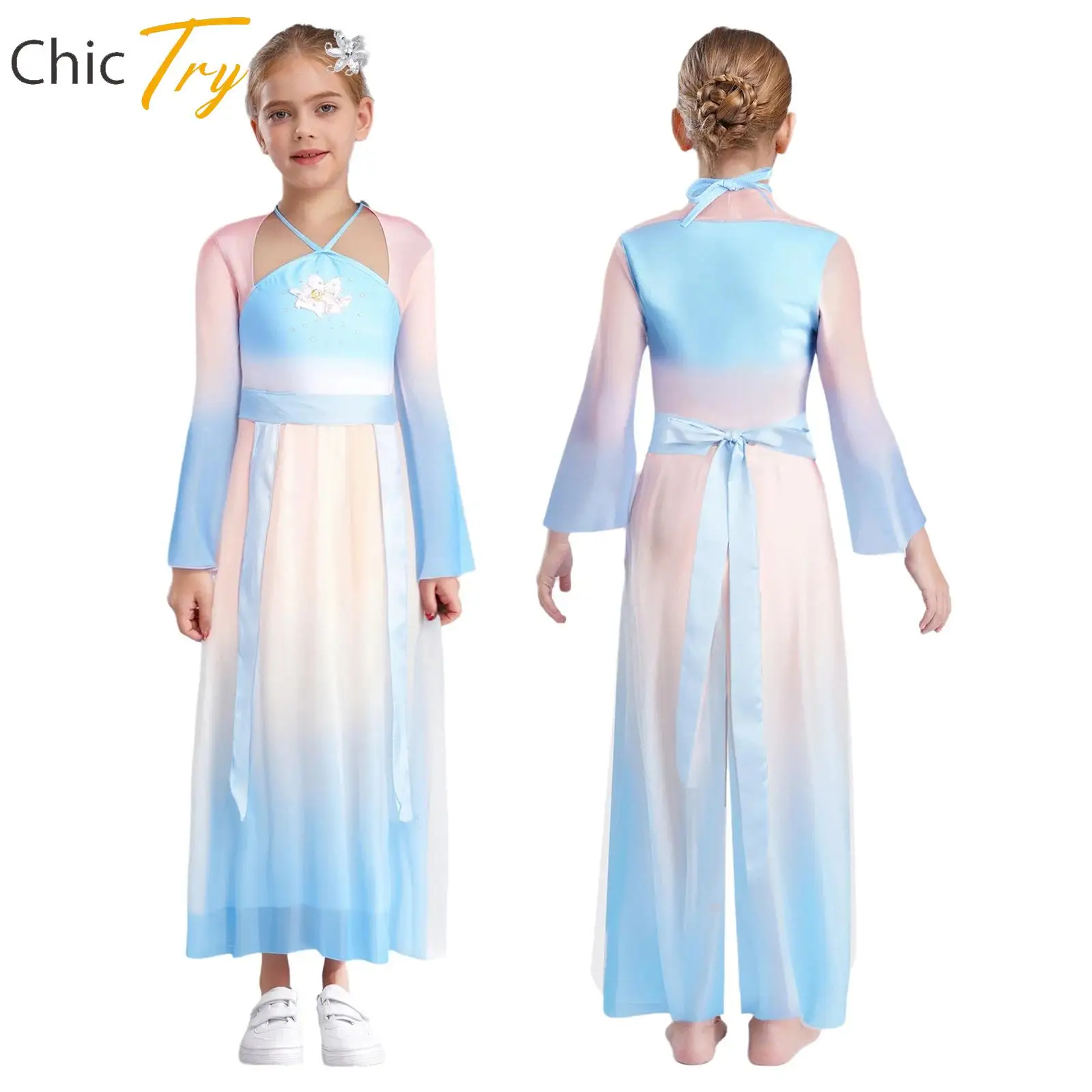 

Teen Girl Classical Dance Performance Dress Lyrical Contemporary Modern Dance Costume Dress Pants Belt Shiny Sequin Headwear Set