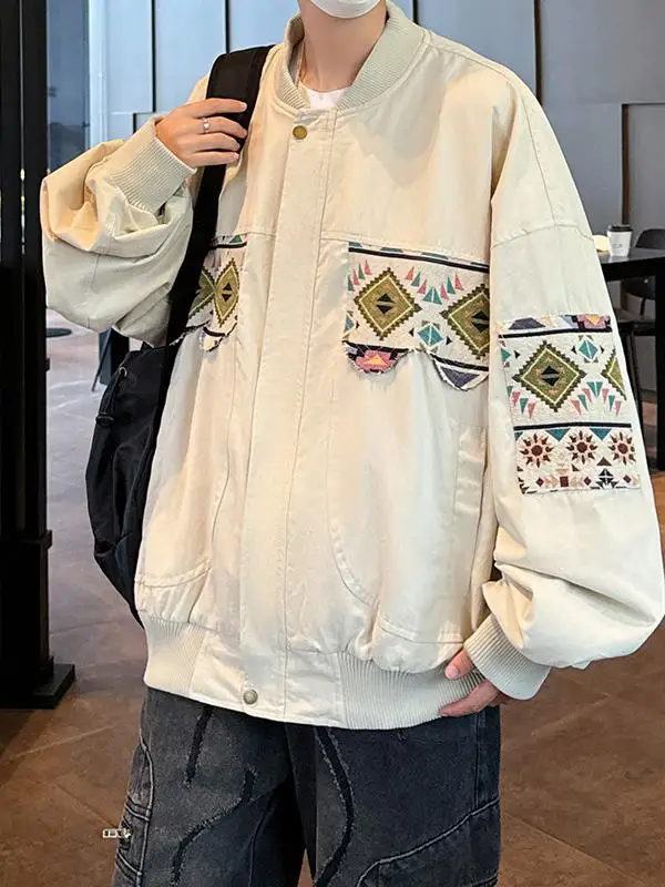 

American Retro Cleanfit Pilot Collar Jaet Men's Trendy Ethnic Sle Patchwork Loose Baseball orm Stand Collar Coat