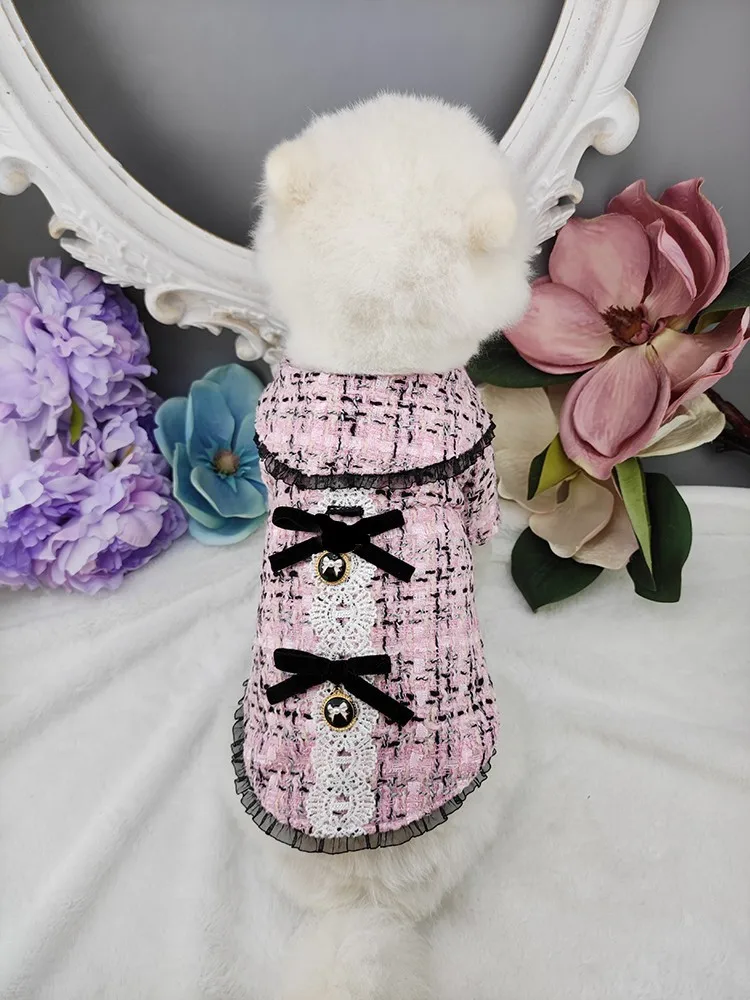 Imagem -06 - Artesanal de Inverno Original Roupas para Cães Suprimentos para Animais Estimação Clássico c Estilo Tweed Cabolsa Casal Vestido Tule Saia Renda Manga Feriado Festa