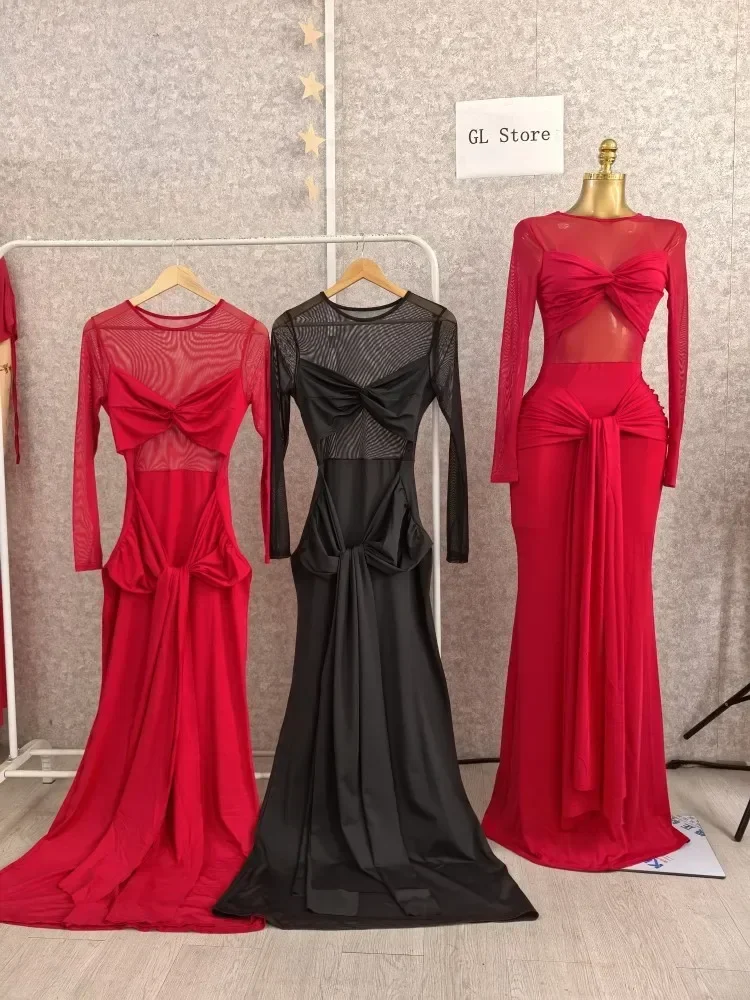 

Женское сетчатое прозрачное платье макси с длинными рукавами и бантом, сексуальное клубное вечернее платье в уличном стиле, модное 2023 г.