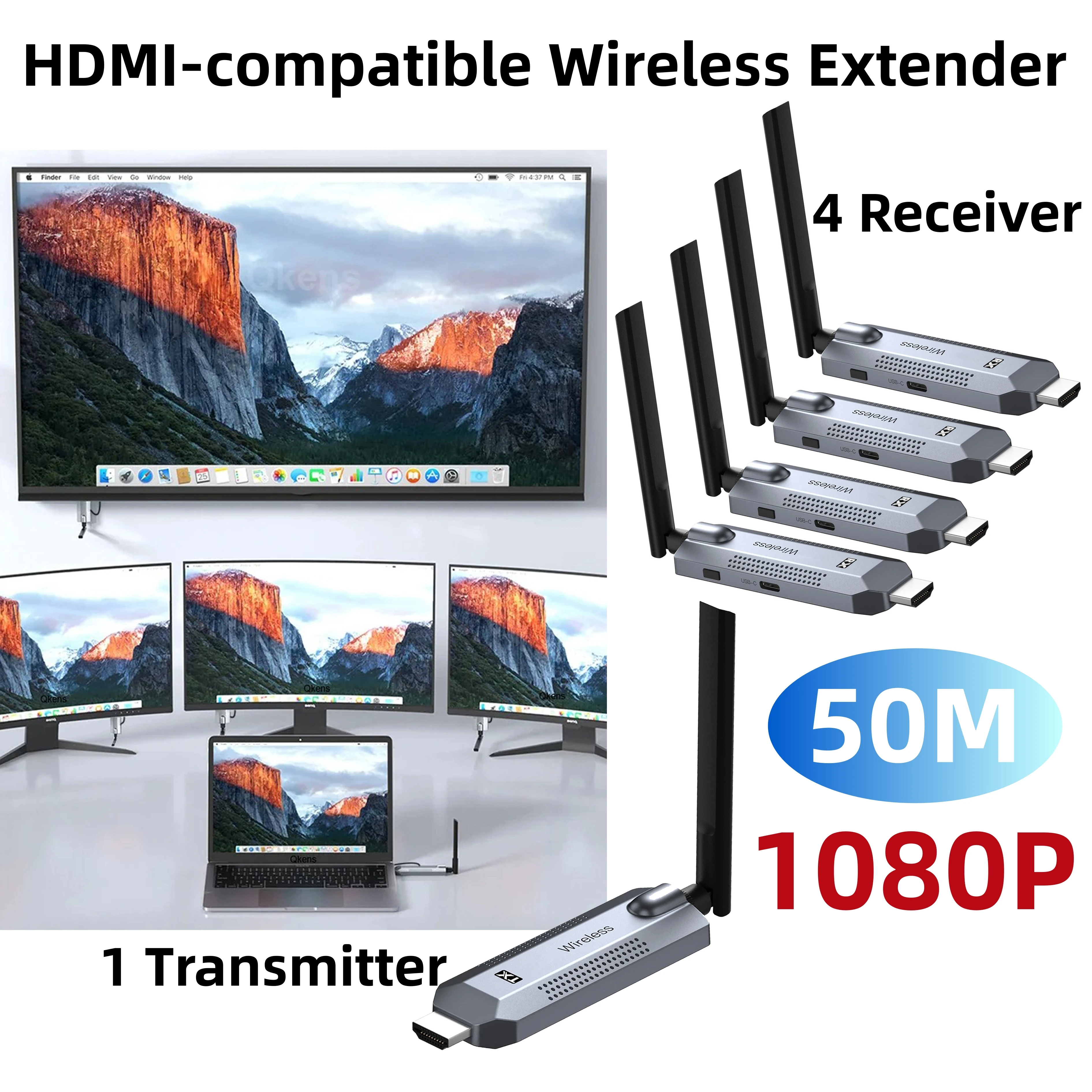 Transmissor sem fio compatível com hdmi, 50m/165 pés e 4 receptores, kit extensor 1080p para expansão simultânea de tela múltipla