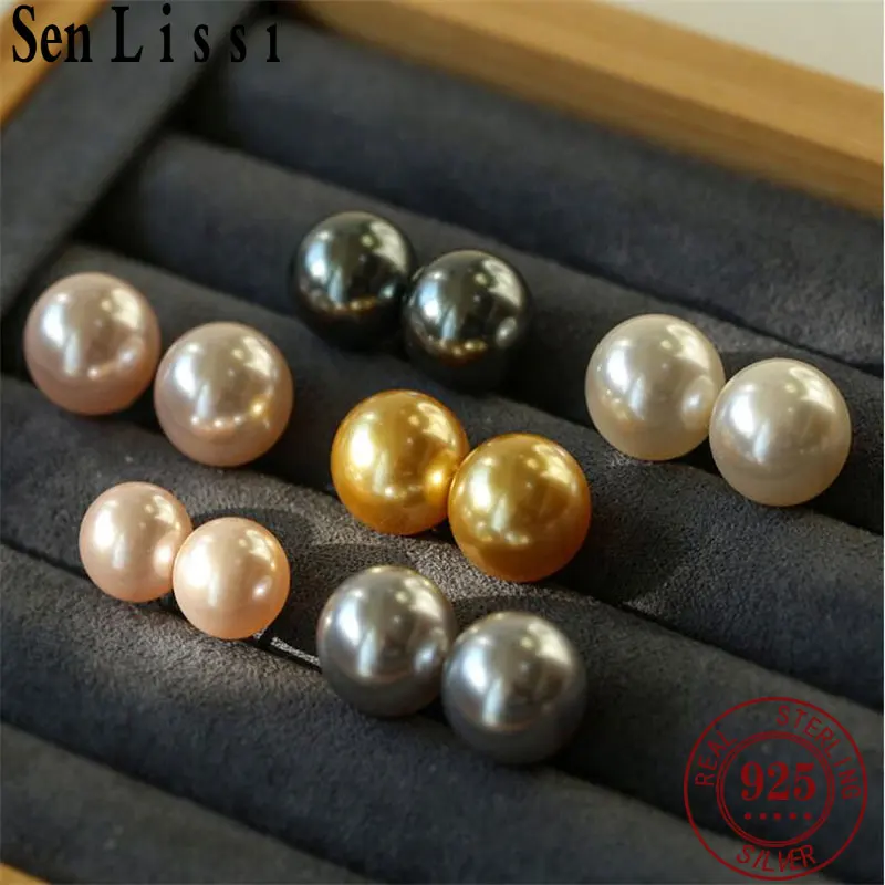 Senlissi- 18K Gold Needle Natural Freshwater White and Gray Pearl  4-12mm 925 Sterling Silver Stud Earrings for Women  Jewelry