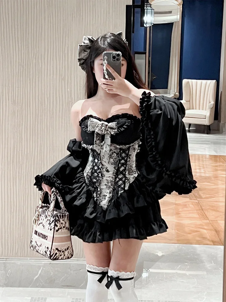 French Celebrity Style Lolita Long Neck Dress Summer Elegant Slim Bow Long Sleeve Strapless Mini Dress Birthday Dress for Women