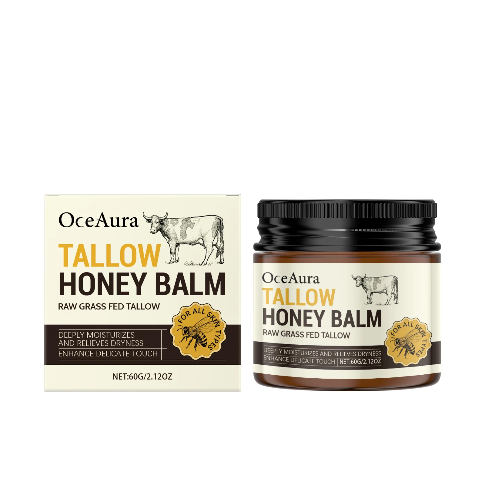 

OceAura Tallow Balm with Honey, Natural Moisturizing Cream for Dry Skin, Nourishing Face Balm, Hydration for Hands Body, 60g