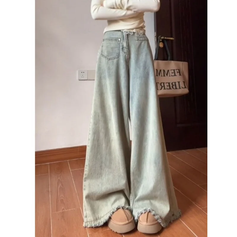 2025 Jeans da donna a gamba larga a vita alta azzurri con vita in pizzo e orlo sfilacciato Pantaloni in denim larghi Moda Casual Streetwear