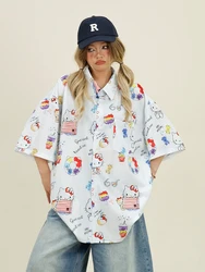 Cartoon Cat Short-sleeved Shirts Women's 2024 Summer New Loose Bf American Retro Versatile Shirt Trend