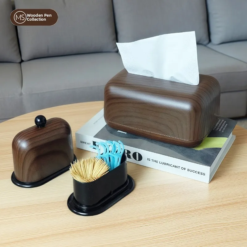 Creative Wooden Grain Tissue Box And Toothpick Holder Home Living Room Desktop Tissue Drawers Storage Box Set Plastic Material