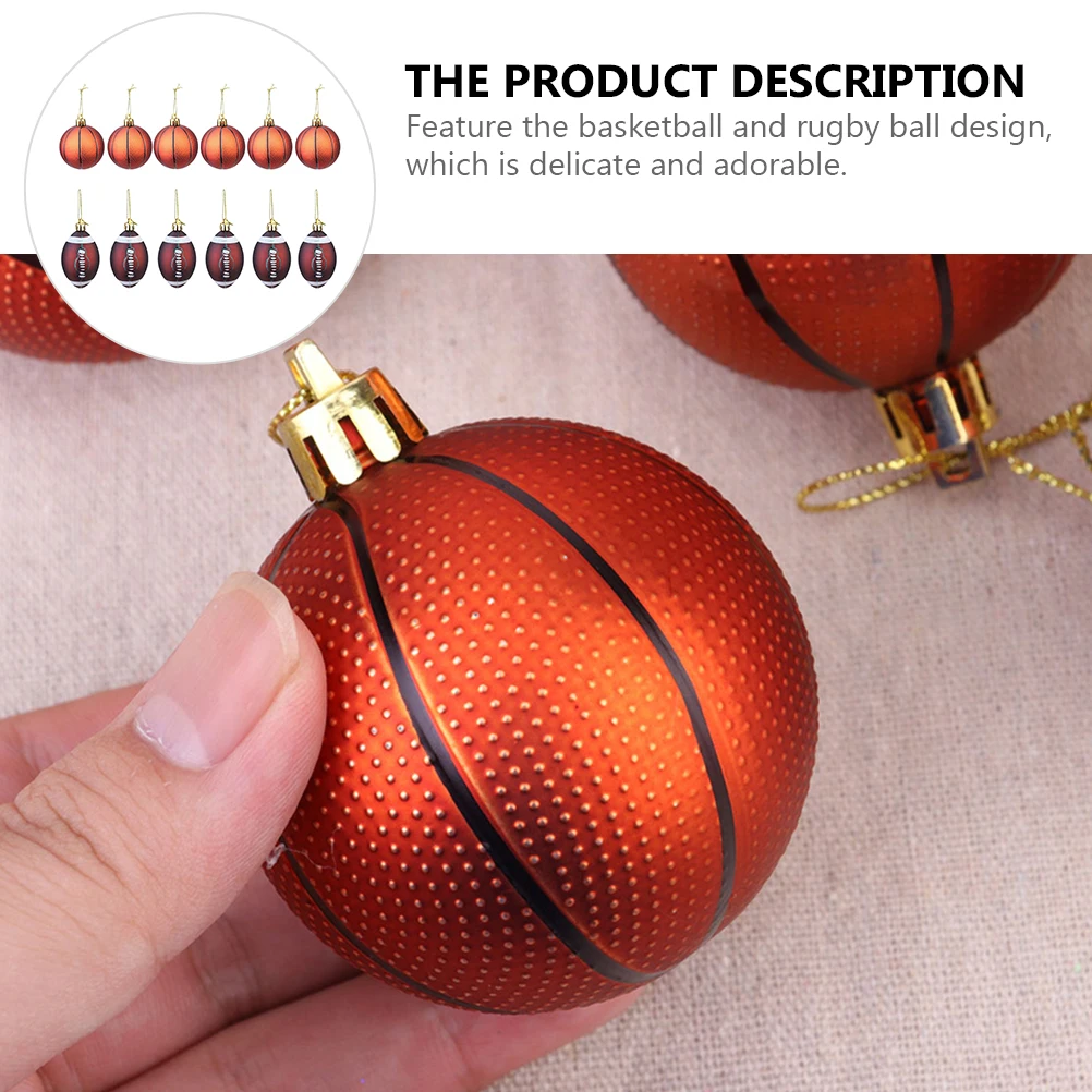 

12Pcs Plastic Basketball Rugby Pendants Christmas Tree Decorations Sports Themed Hanging Ornaments