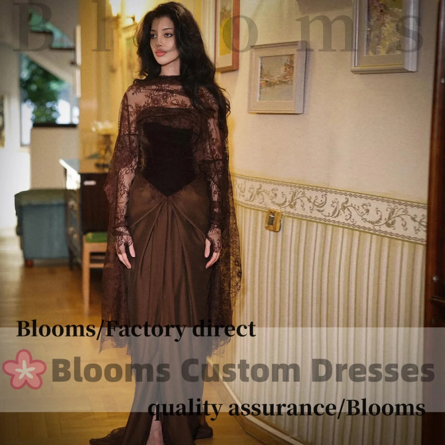 

Customized Brown Lace Shawl Pleats Evening Dresses Velvet Chiffon Elegant Women Long Gloves Formal Party Gown