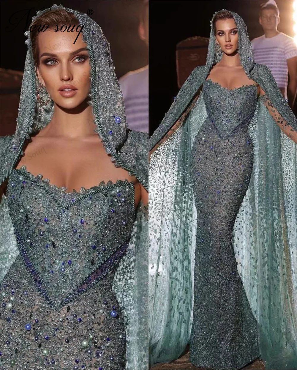 

New Fashion Beaded Prom Dress For Women With Long Cape Arabic Dubai Mermaid Crsyatsl Evening Dresses Party Gowns For Weddings