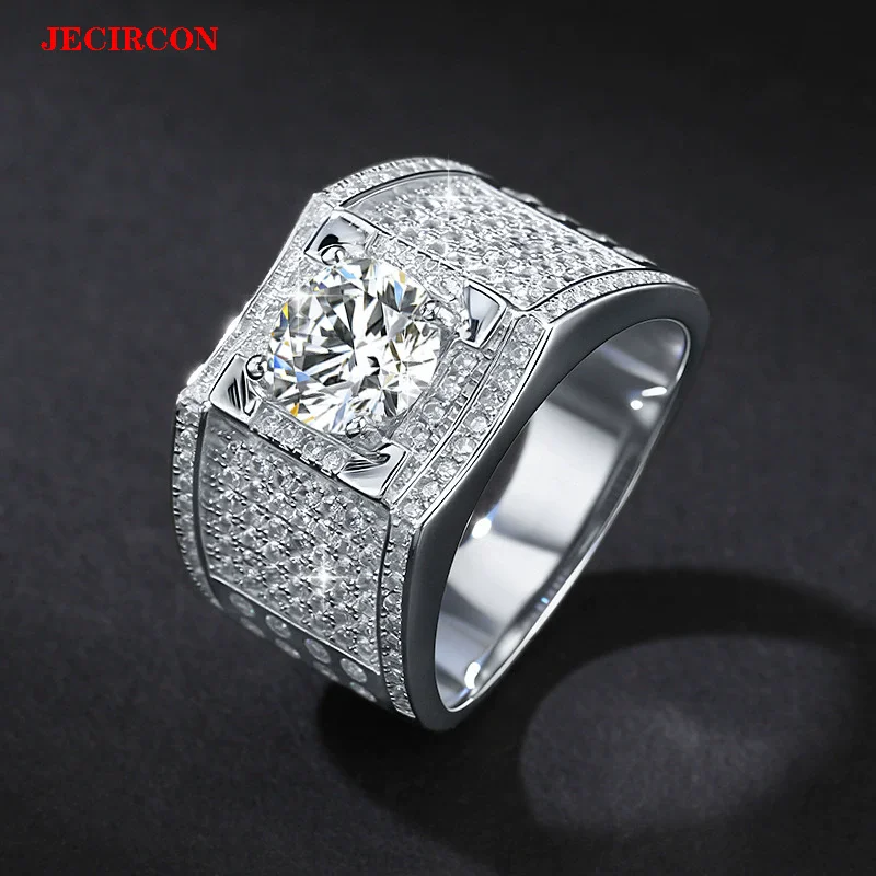 

JECIRCON 2 Carat White/Green Moissanite Ring for Men S925 Sterling Silver Luxury Bling Wedding Band Fashion Personality Jewelry