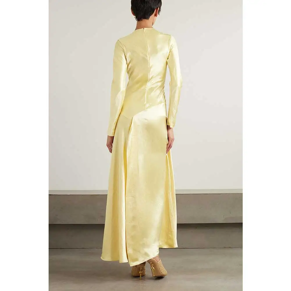 

YUNLAN Elegant O-Neck Yellow Evening Party Dresses Arabic Women Long Sleeves Soft Satin Length Formal Wedding Party Gowns
