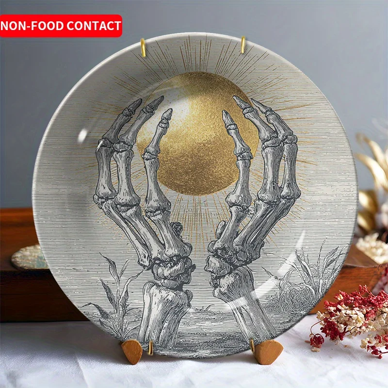 

1 шт., керамическая тарелка в готическом стиле со скелетом и золотым яйцом - круглый декоративный поднос в винтажном европейском стиле, контактный дом без еды