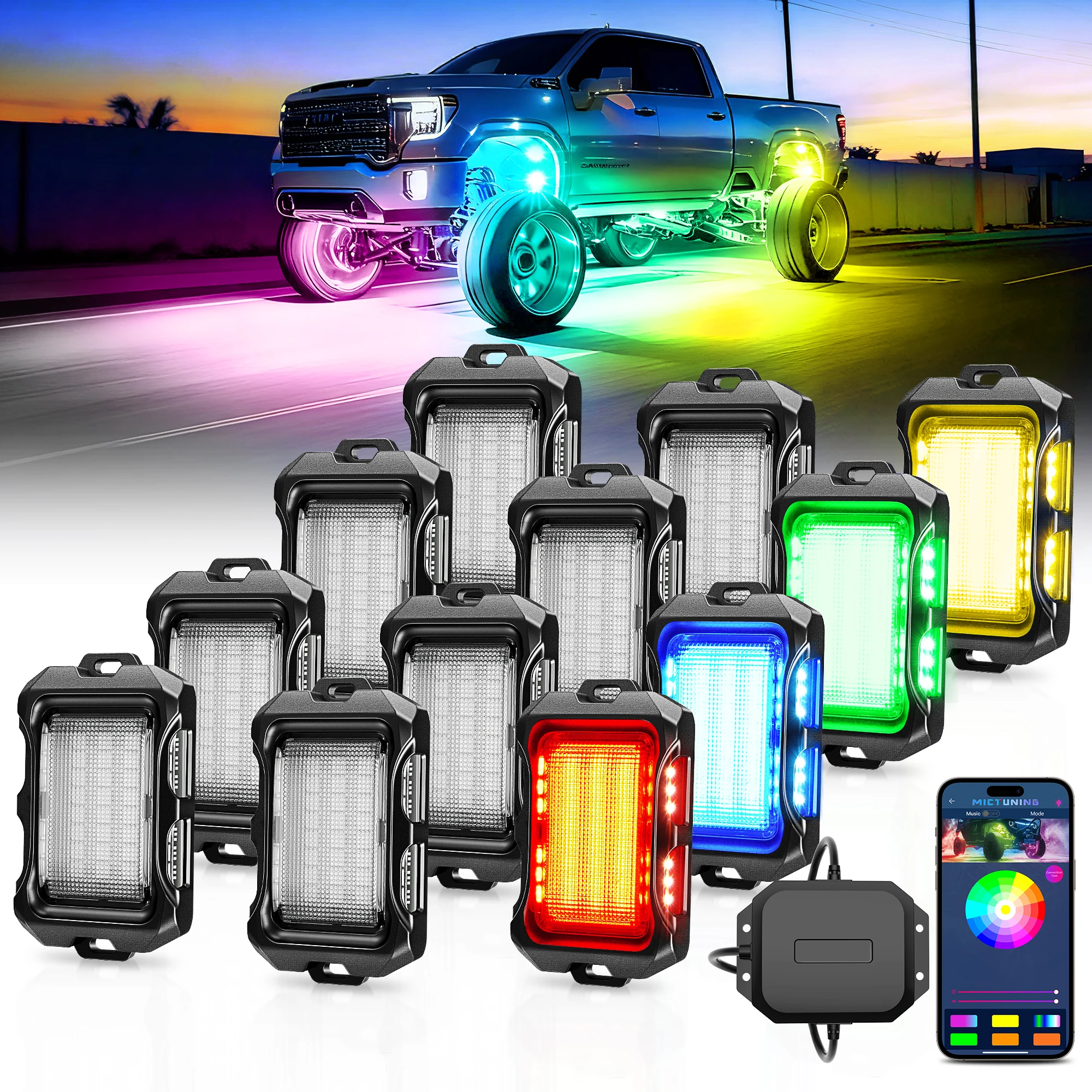 MICTUNING Q2 MAX RGB+IC Rock Lights,12 Pods Multi-Color DIY Effect Underglow Neon Kit,Extensible Up to 20 Pods with APP Control