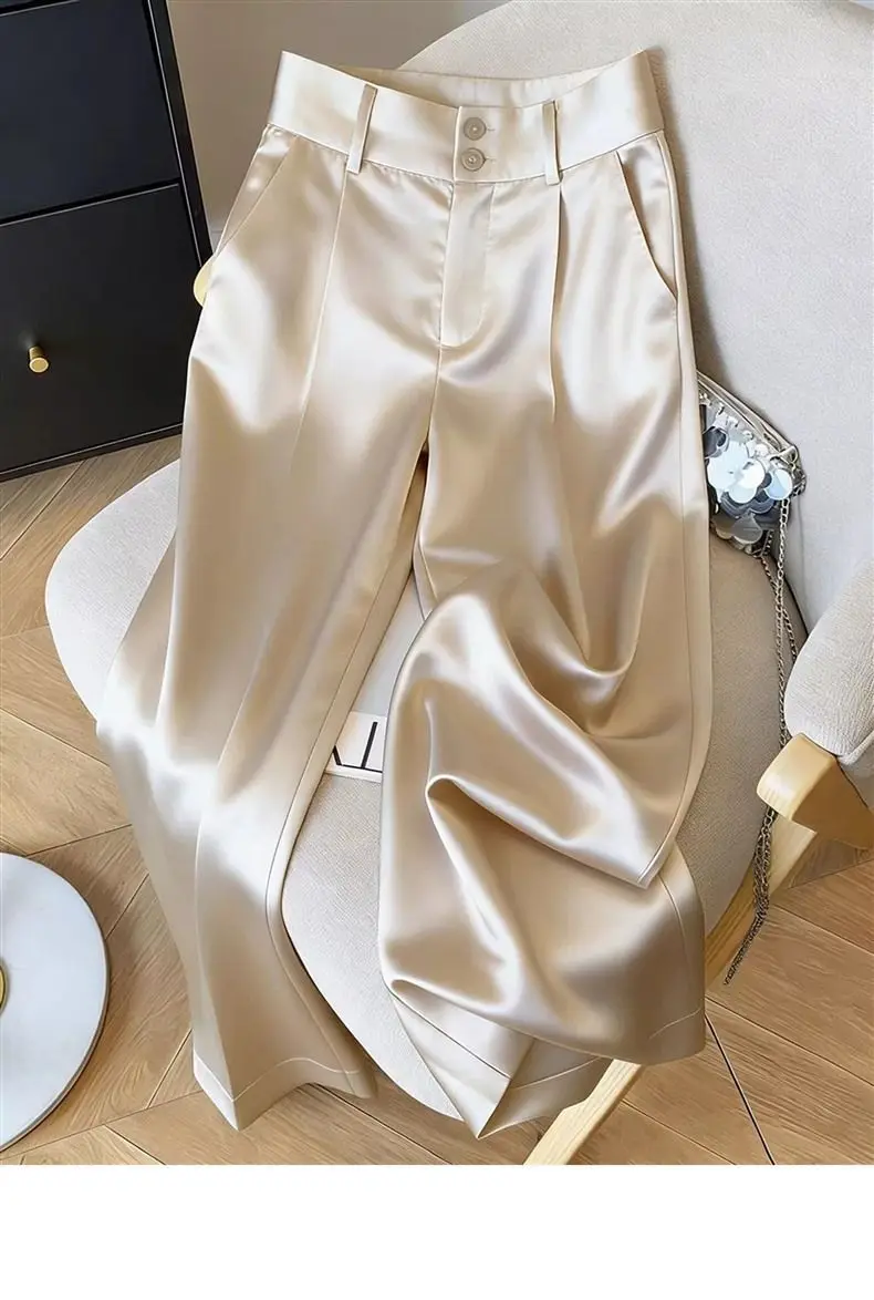 Silk Women's Pants Solid Color Champagne Ladies with Wide Leg Pants New High Waist Breathable Satin Summer Suit Women's Pants