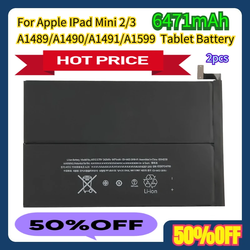 

2pcs For Apple IPad Mini 2/3 A1489/A1490/A1491/A1599 6471mAh Tablet Battery