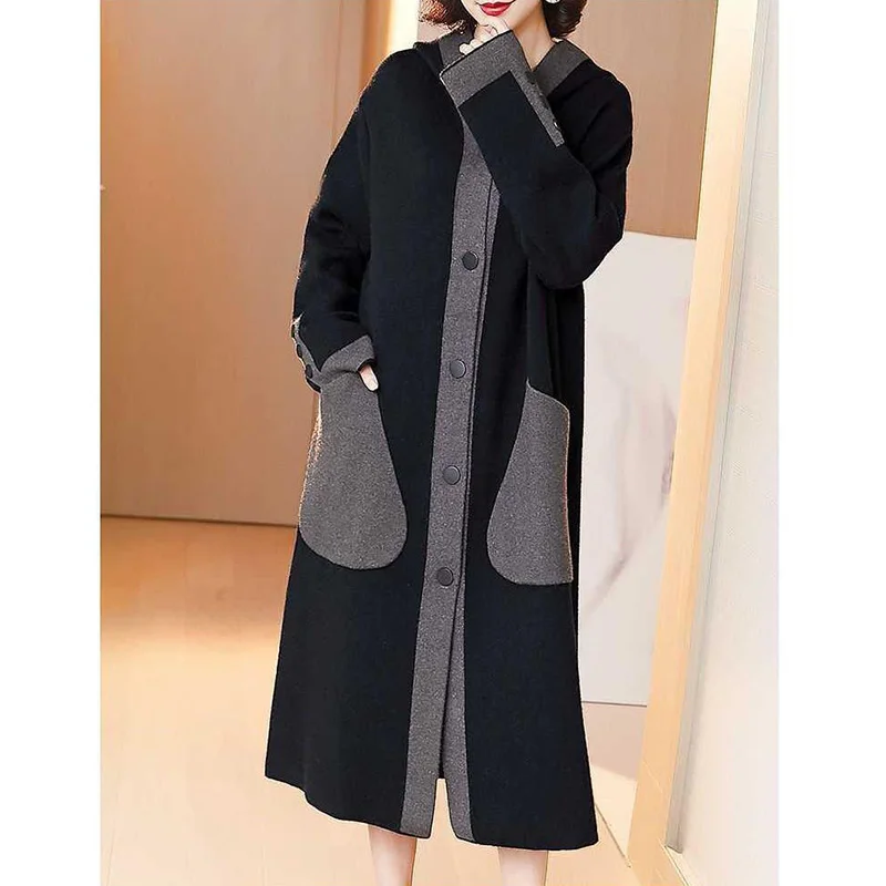 Fashion Hooded Button Spliced Pockets All-match Coats Women Clothing 2023 Autumn New Oversized Casual Tops Loose Commute Trench