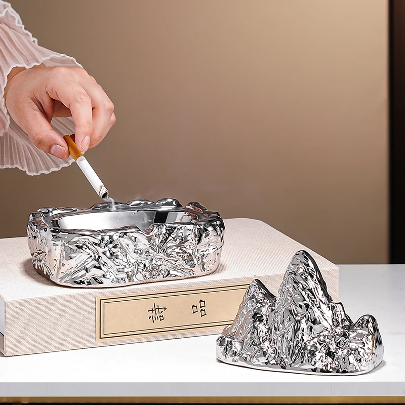 

Mid Ancient Style Ceramic Rockery Ashtray Home Office Coffee Table Large Size with Cover Anti Ash Flying Ornament