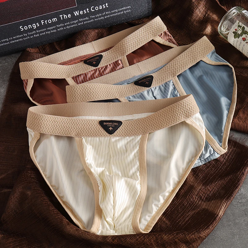 3-Pack Men's Briefs Youth Sports Trunks Breathable Ice Silk Striped Underwear Stylish Men's Underpants