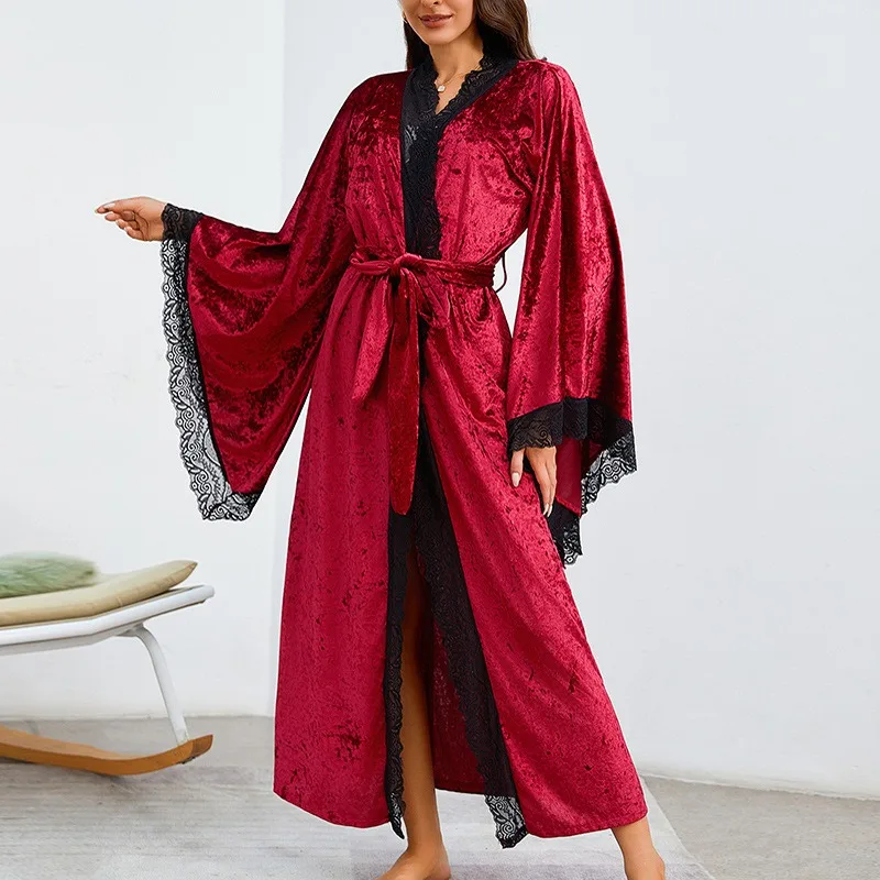Long Velvet Lace Splicing Nightgown with Horn Sleeves Sexy Large Size Loungewear for Autumn Winter L Size Robe White Black Red