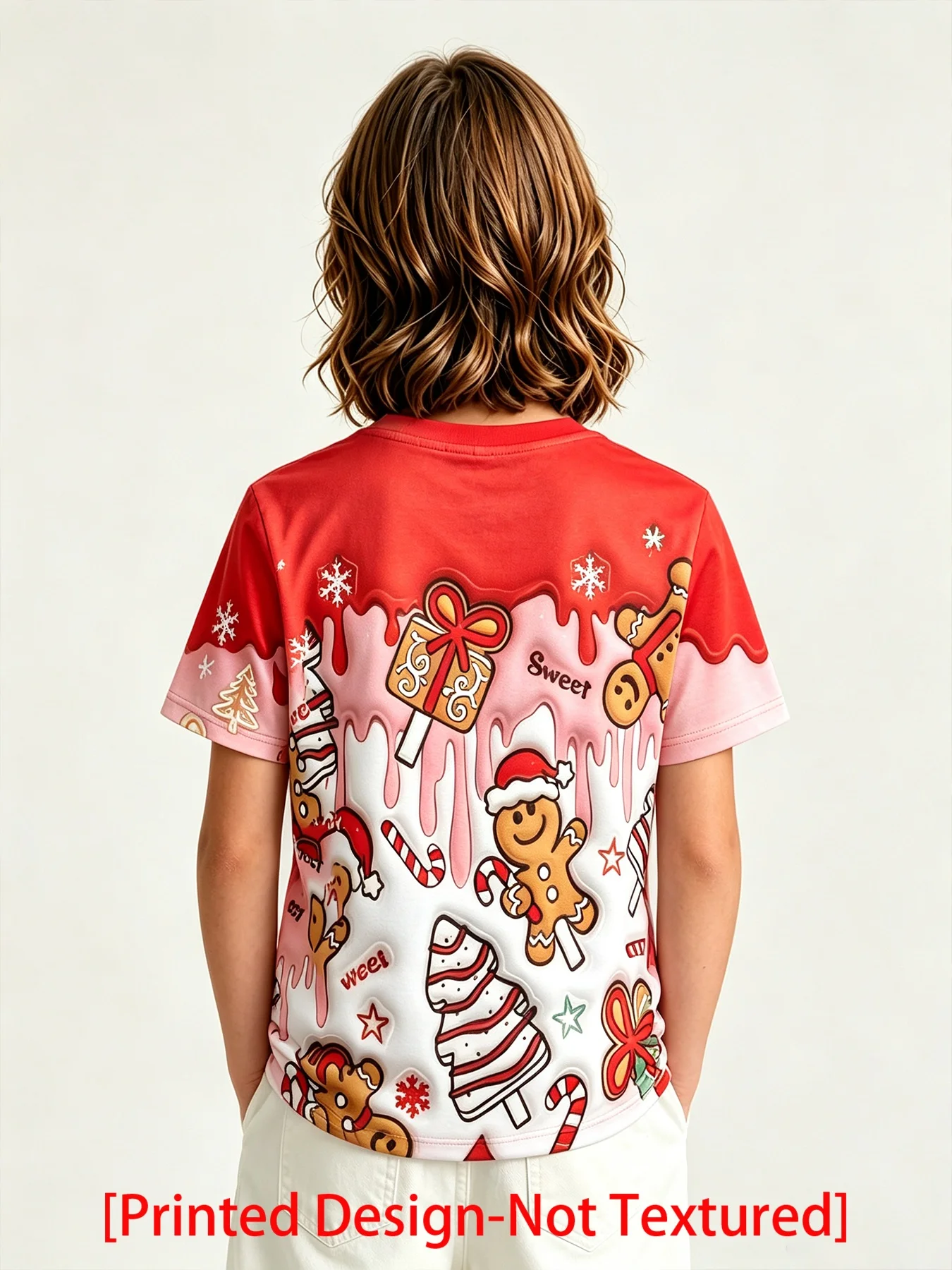 Girls' Melted Cream Christmas Short-Sleeve Top with 3D Gingerbread for Man and Candy Tree Fun Holiday Design