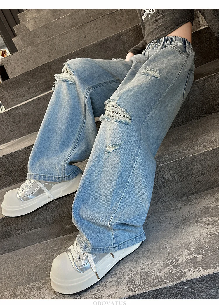 Zerrissene Jeans für Mädchen, Frühlingsmode, Löcher, Kinder, Ripped Pants, elastische Taille, Kinderkleidung für Teenager, koreanische Jeanshosen – Detail 5