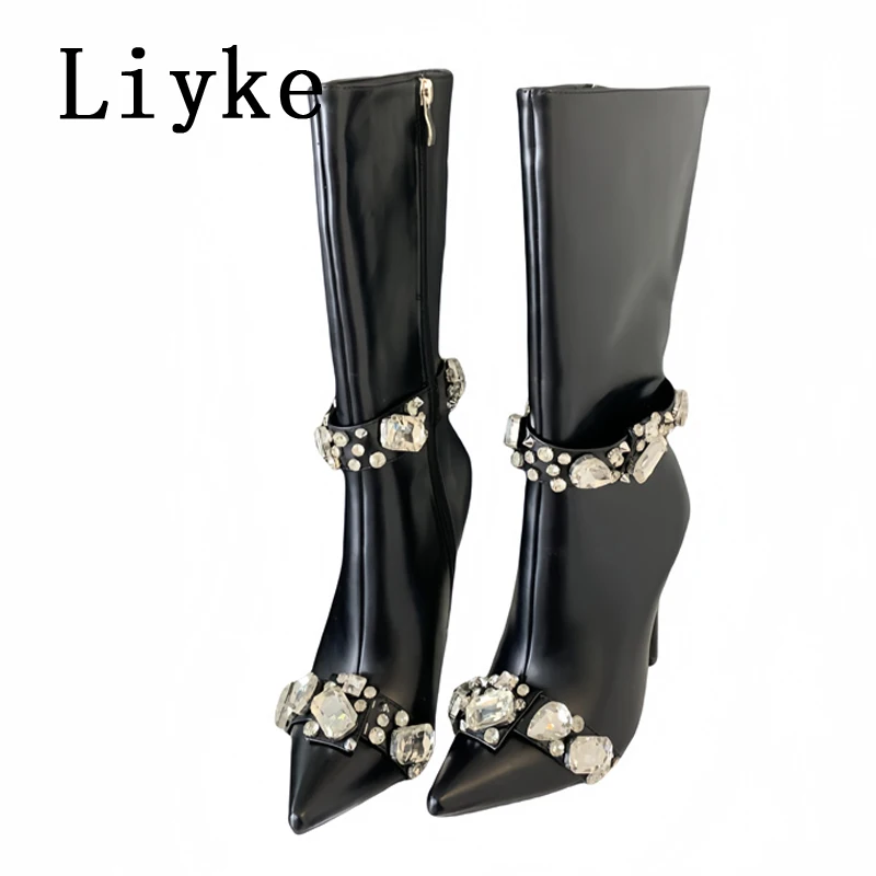 Liyke Fashion Crystal Gem Rivet Women Autumn Winter Shoes Zip Ankle Chelsea Boots Sexy Pointed Toe Party Stripper Heels Booties