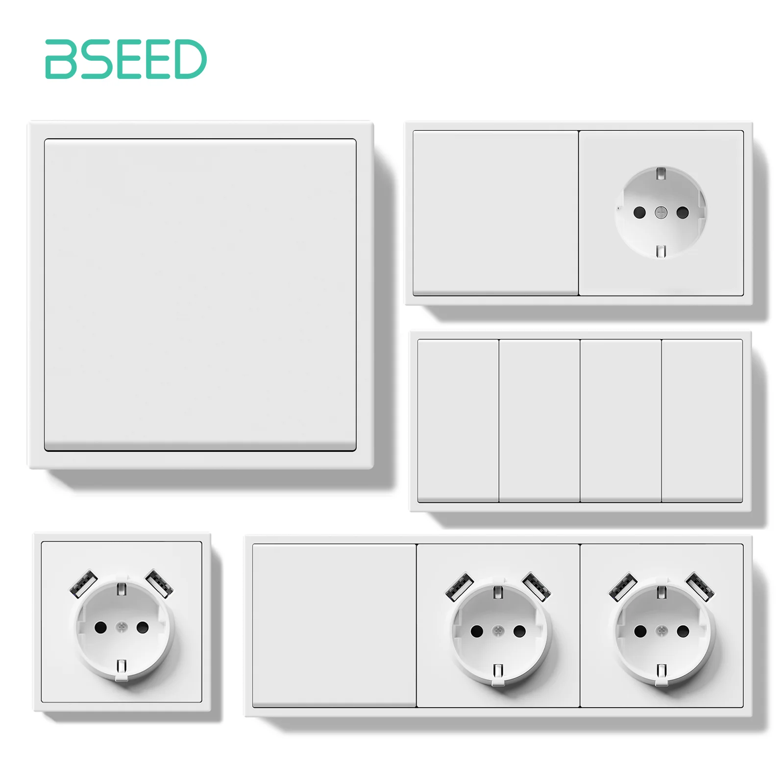 BSEED 1/2Gang Mechanical Light Switches Large Buttons 1Way With EU Socket 2USB Charging Ports Plastic Panel  No LED Light White