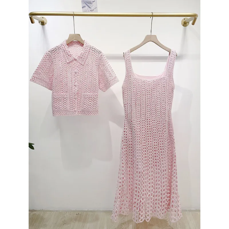 Summer Women Crochet Hollow Out Matching Set Short Sleeve Lapel Coat Square Collar Sling Long Dress Elegant Daily Dress Suit