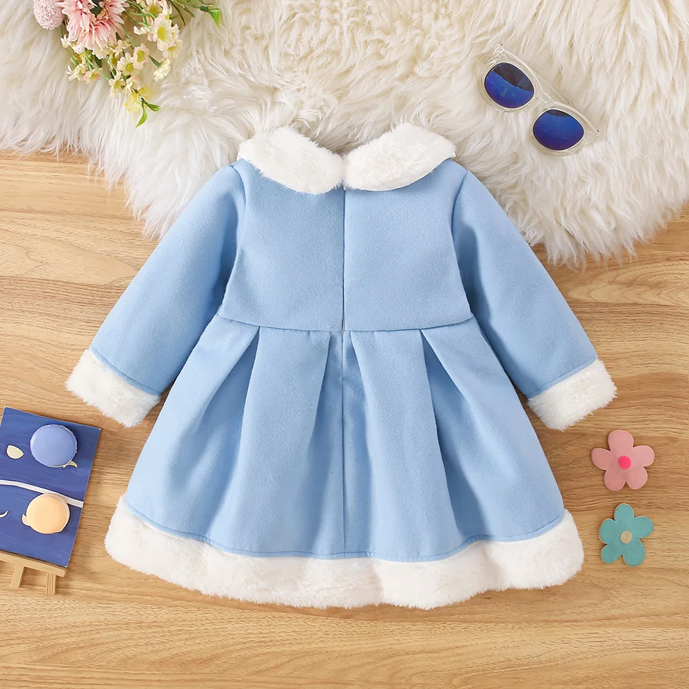 Winter New Girls Dress Birthday Party Dress Furry Lace Bow Ribbon Winter New Girls Dress Thick Garden Dress Round Neck Furry Hem